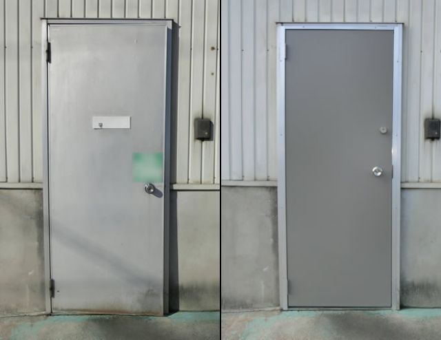 工場のアルミ片開き框ドア取替 名古屋市緑区